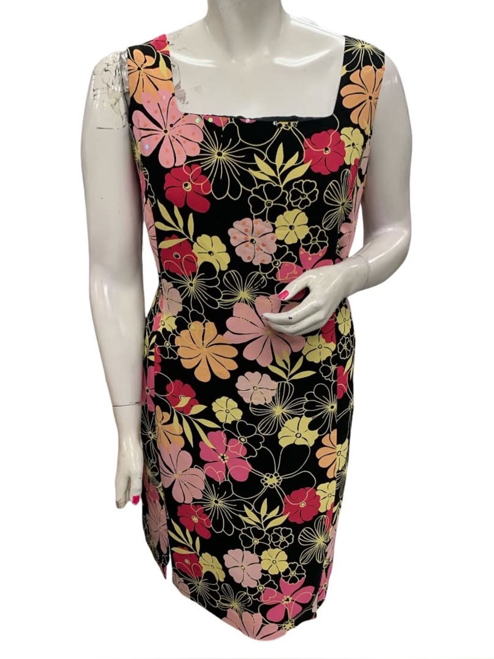 Amanda Smith Black Mini Dress with Pink, Yellow & Coral Floral Print Size 2X